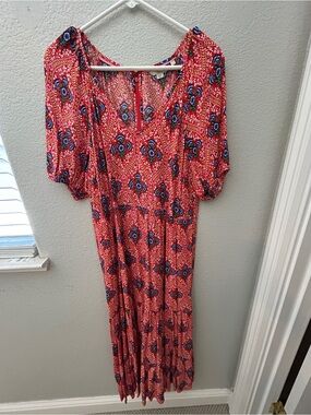 Boden Red/Orange Floral-Print Puff Sleeve Maxi Dress